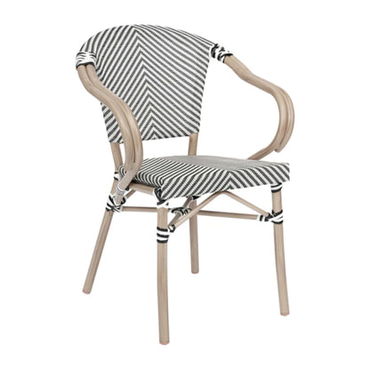 Front view of Marseille bistro chair with arms, black-white textilene woven seat and back, bamboo-print aluminum frame for indoor/outdoor use.