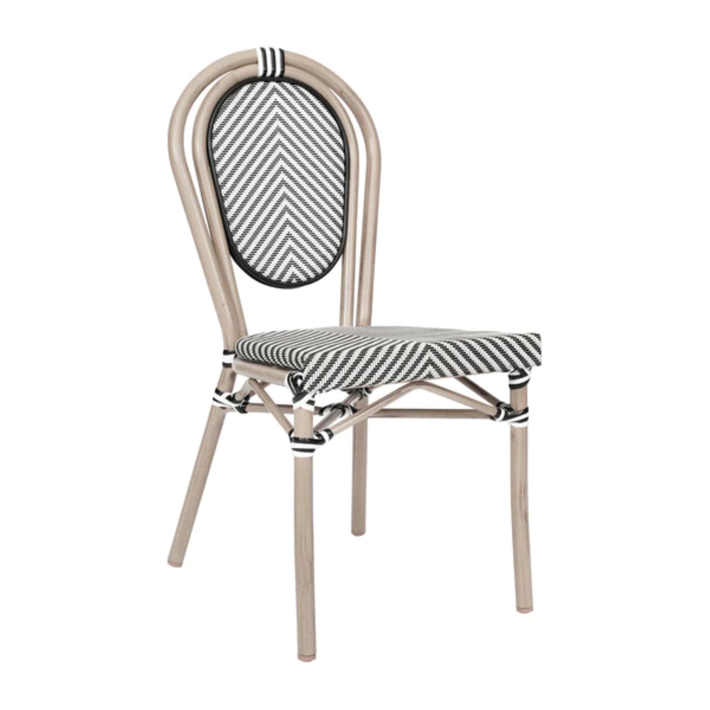 Indoor/outdoor bistro chair with black and white textilene seat and natural bamboo-print aluminum frame.