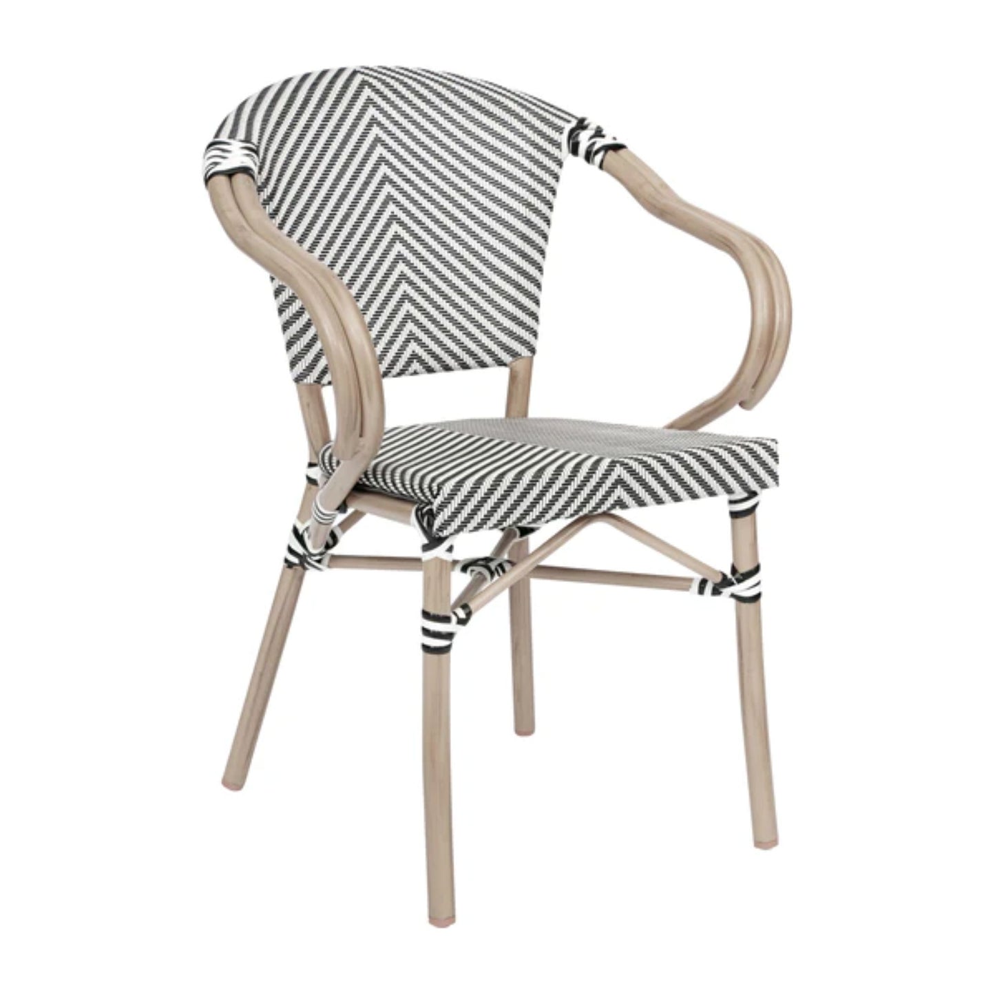 Front view of black-and-white textilene bistro arm chair with natural bamboo-print aluminum frame for indoor or outdoor seating.