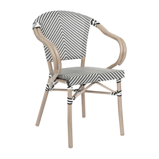 Front view of black-and-white textilene bistro arm chair with natural bamboo-print aluminum frame for indoor or outdoor seating.