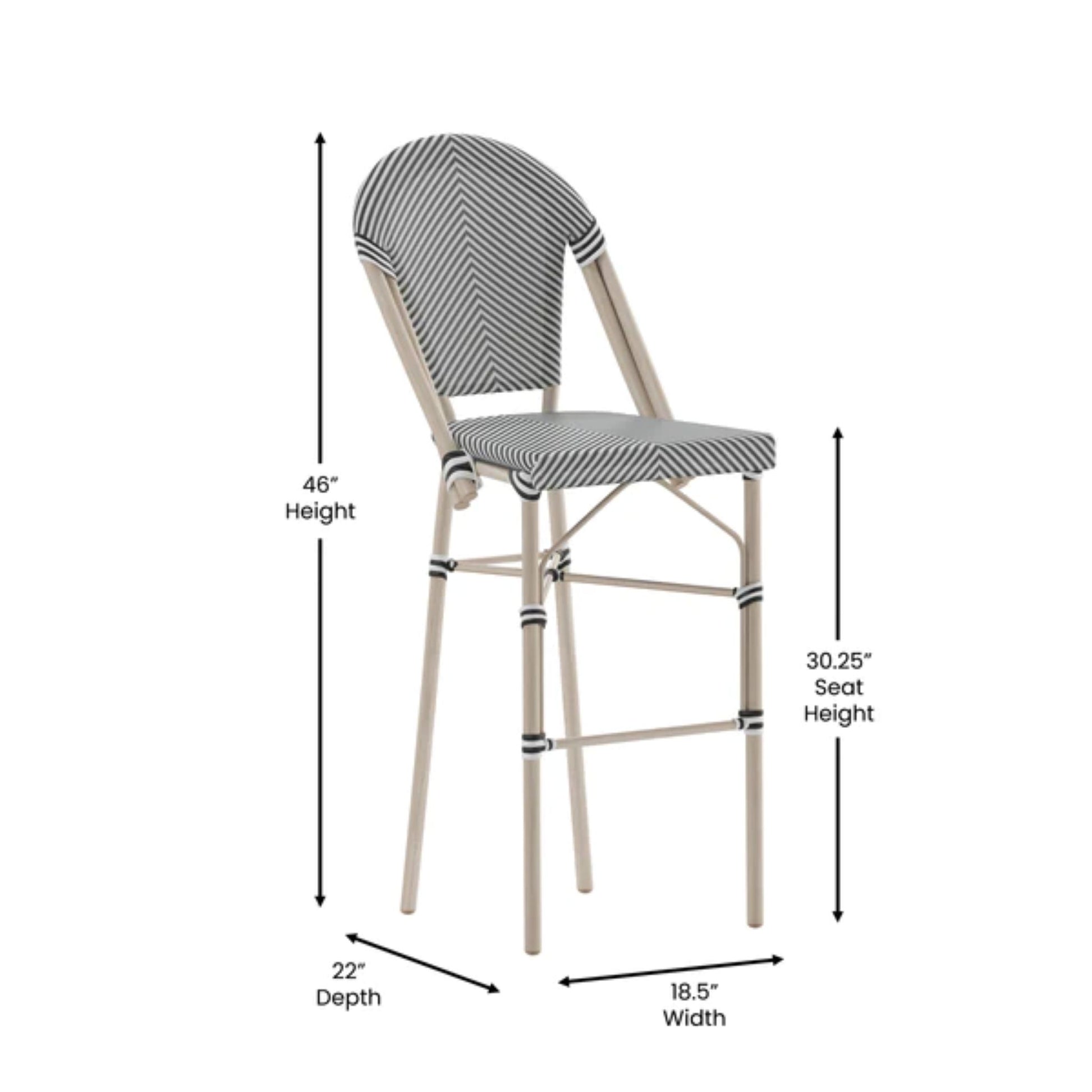Stackable indoor outdoor bistro barstool with black and white mesh textilene seat and natural bamboo-finish metal frame with dimensions