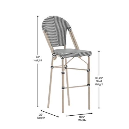 Stackable indoor outdoor bistro barstool with black and white mesh textilene seat and natural bamboo-finish metal frame with dimensions