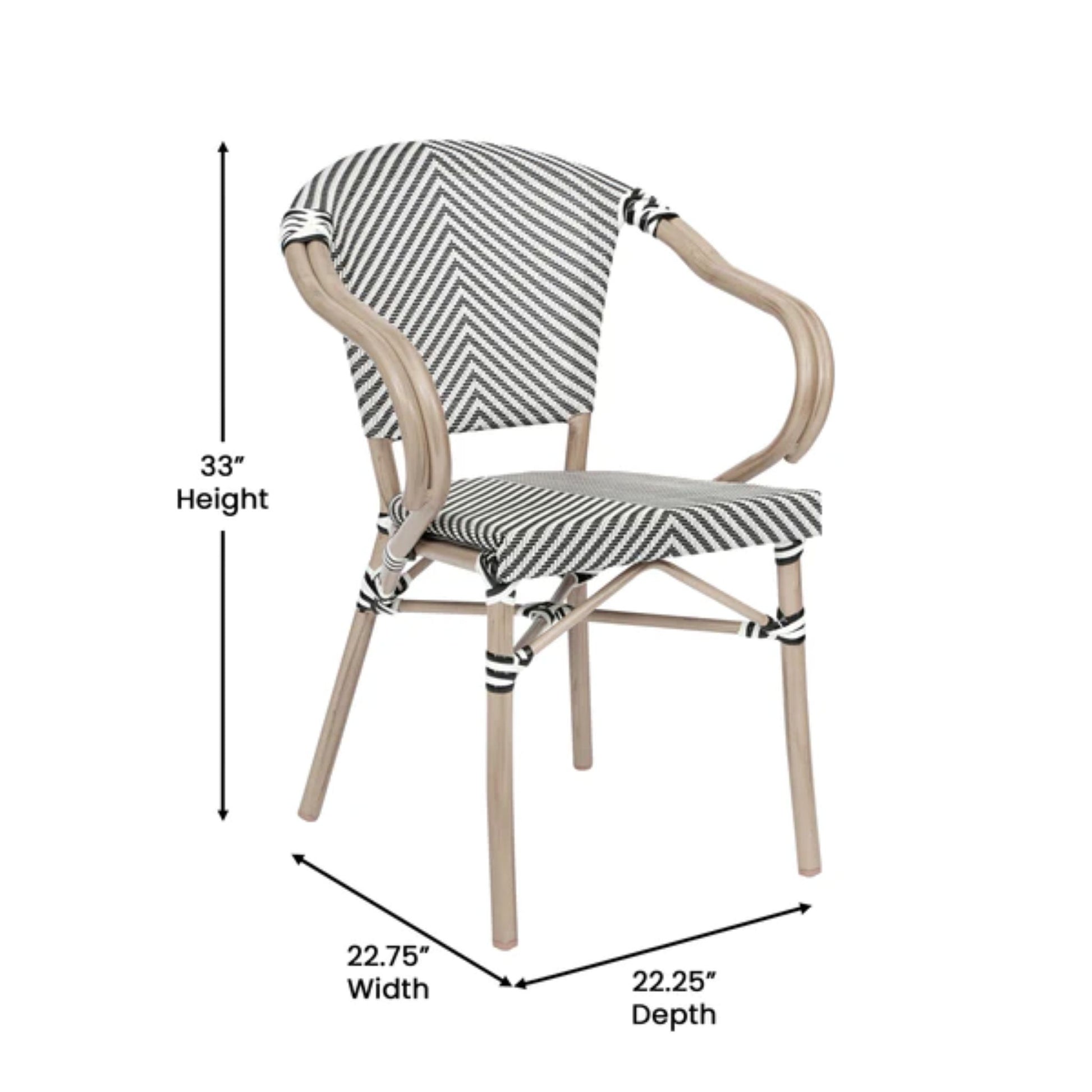 Angled view of stackable black-and-white textilene bistro arm chair with bamboo-look aluminum frame and floor glides with dimensions
