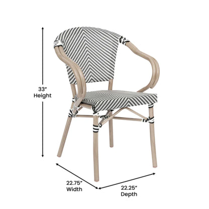 Angled view of stackable black-and-white textilene bistro arm chair with bamboo-look aluminum frame and floor glides with dimensions