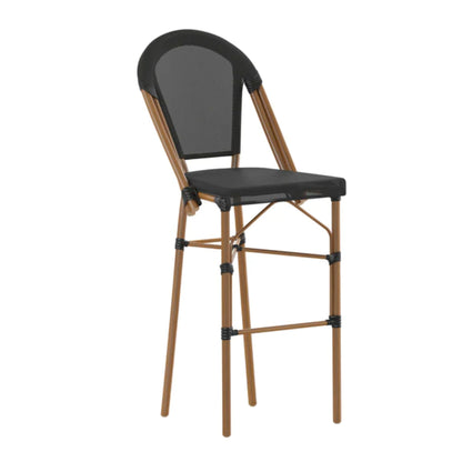 Black textilene Parisian-style barstool with natural bamboo-print powder-coated frame