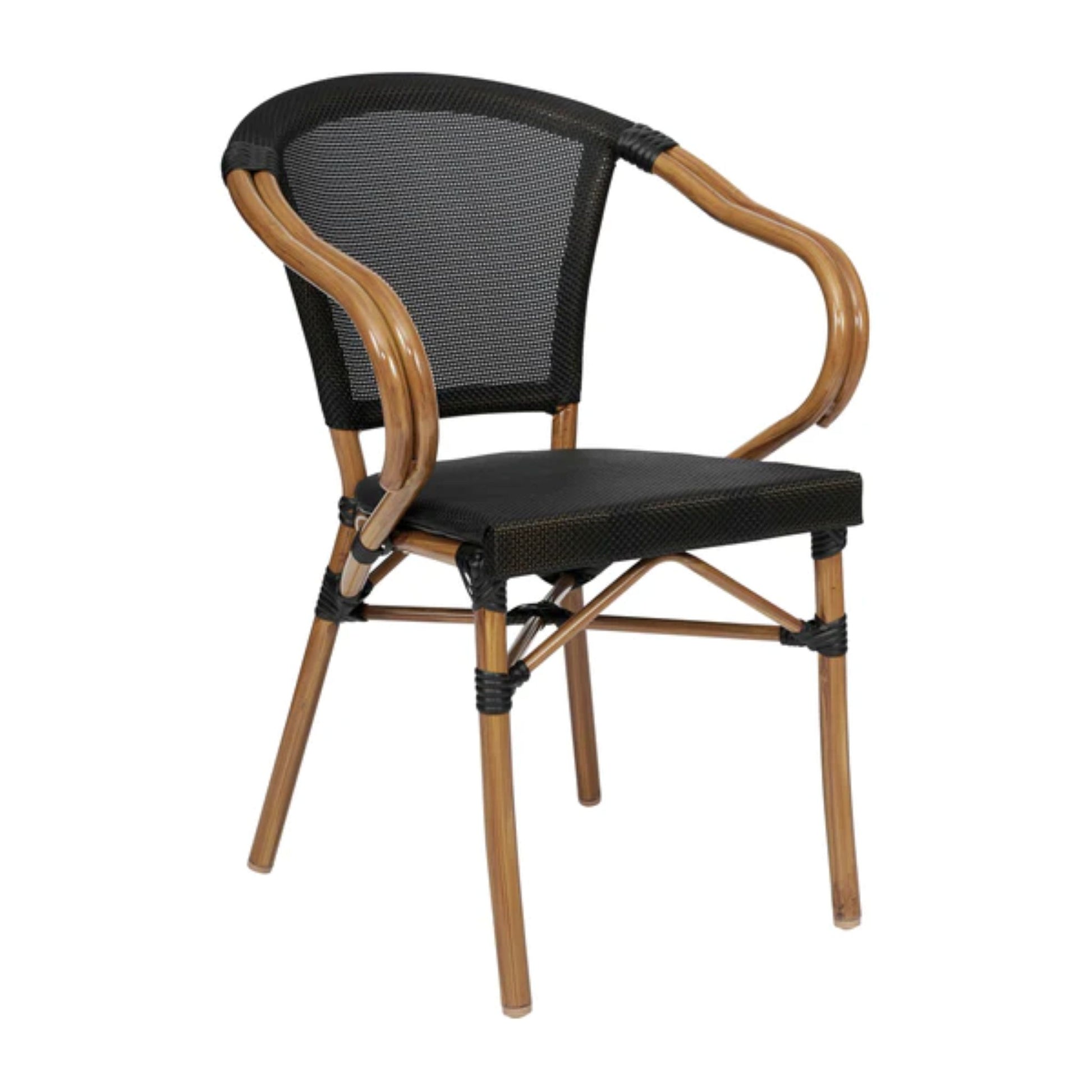 Front view of black textilene bistro arm chair with natural bamboo-print aluminum frame for indoor or outdoor use.
