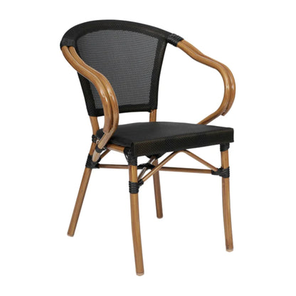 Front view of black textilene bistro arm chair with natural bamboo-print aluminum frame for indoor or outdoor use.