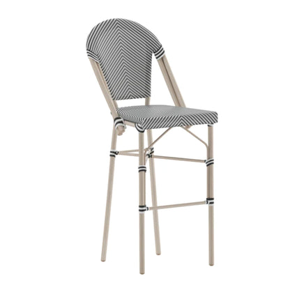 Black and white textilene Parisian-style barstool with natural bamboo-print powder-coated frame