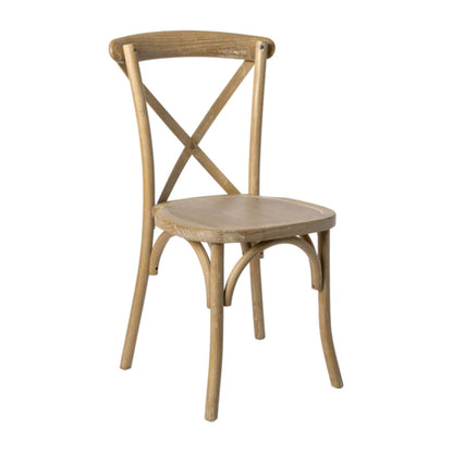 Elm wood X-Back chair in medium natural white grain finish with textured appearance.