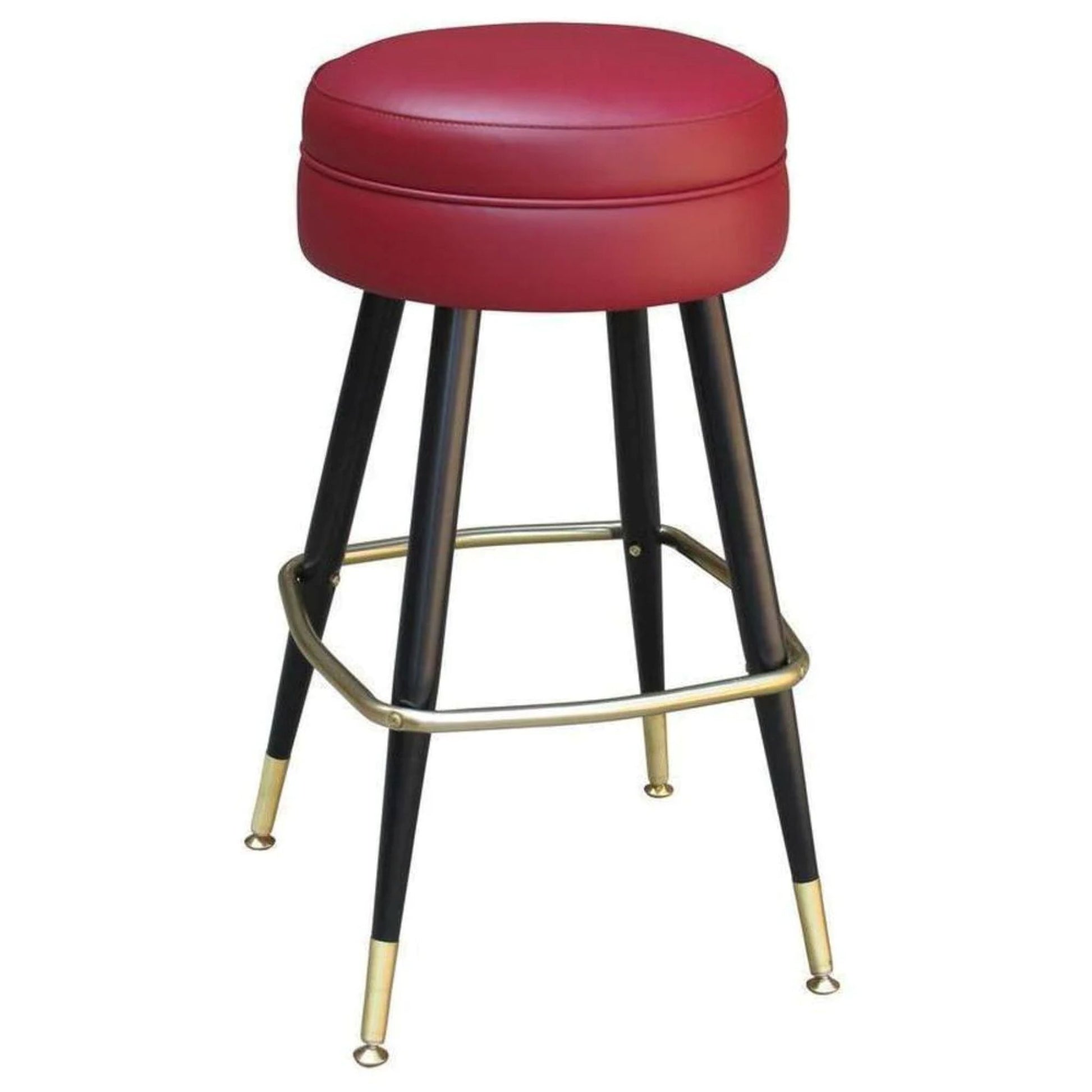 Backless swivel bar stool with round upholstered seat and tapered metal legs in a powder-coated finish.