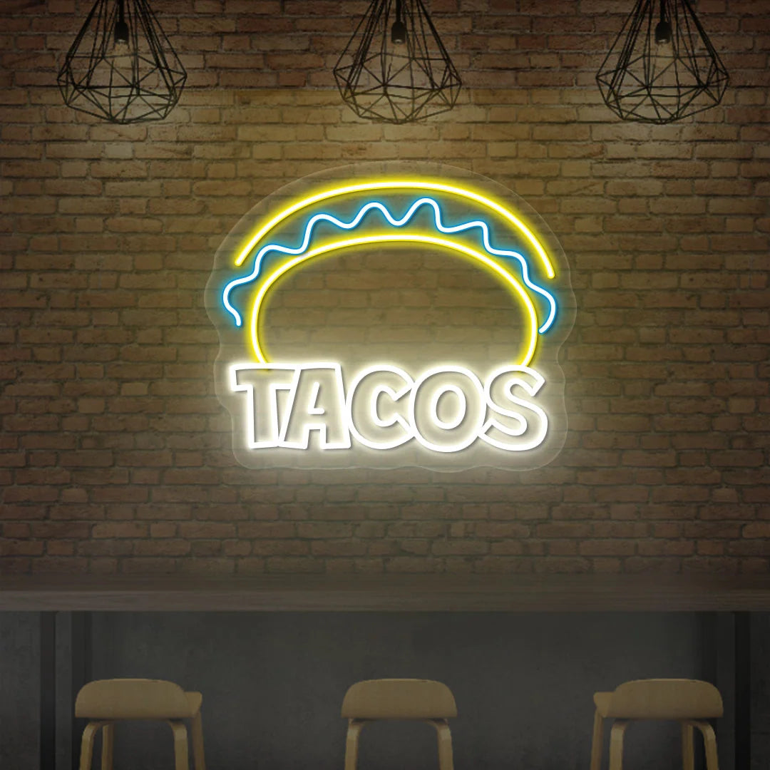 Mexican Taco LED Neon Sign glowing with vibrant taco design, perfect for restaurant, bar, or kitchen wall décor.