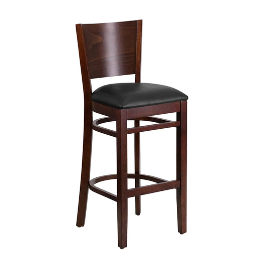 Walnut finish bar stool with solid wood back and black vinyl upholstered seat for restaurant interiors