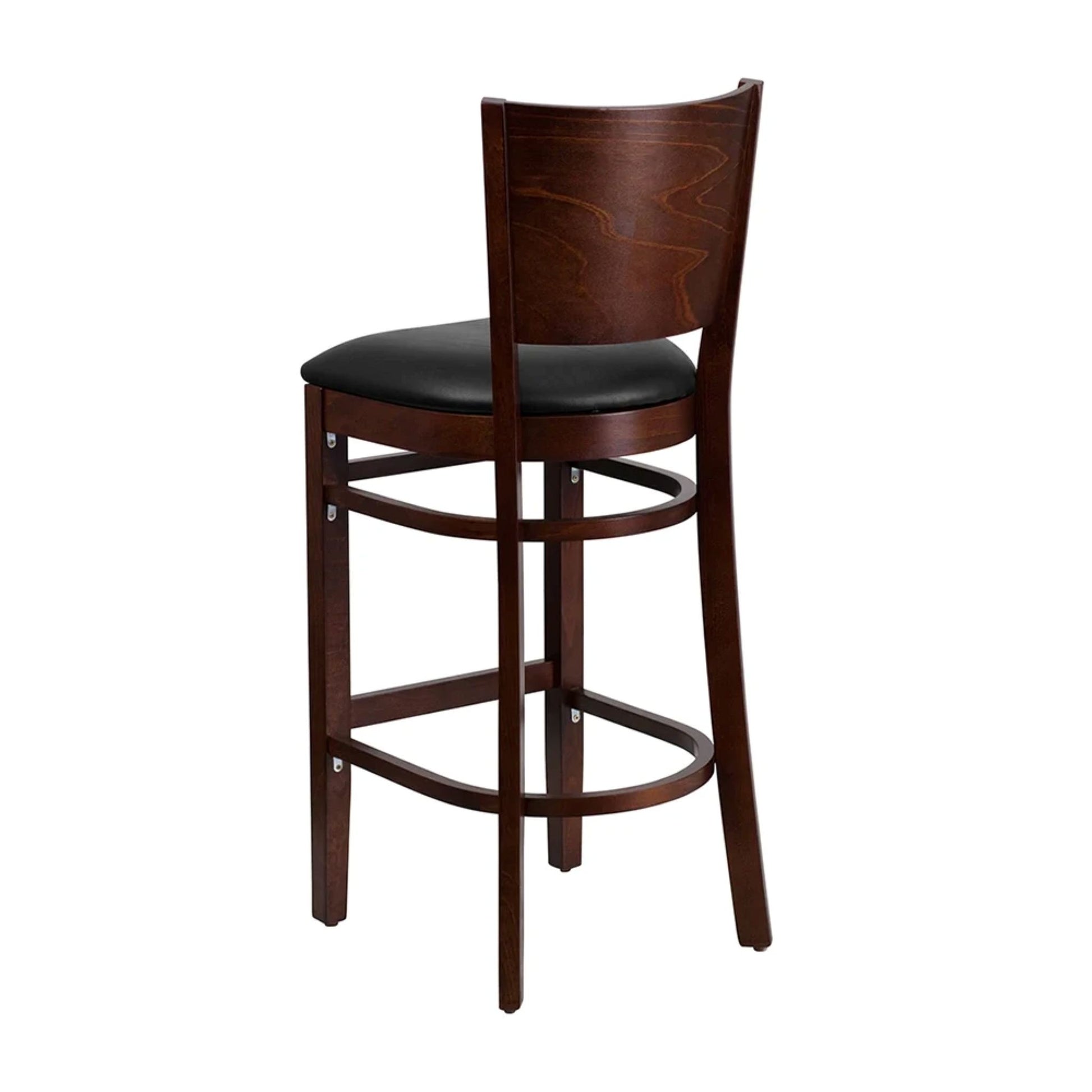 Commercial walnut wood bar stool with padded black vinyl seat and curved support bars