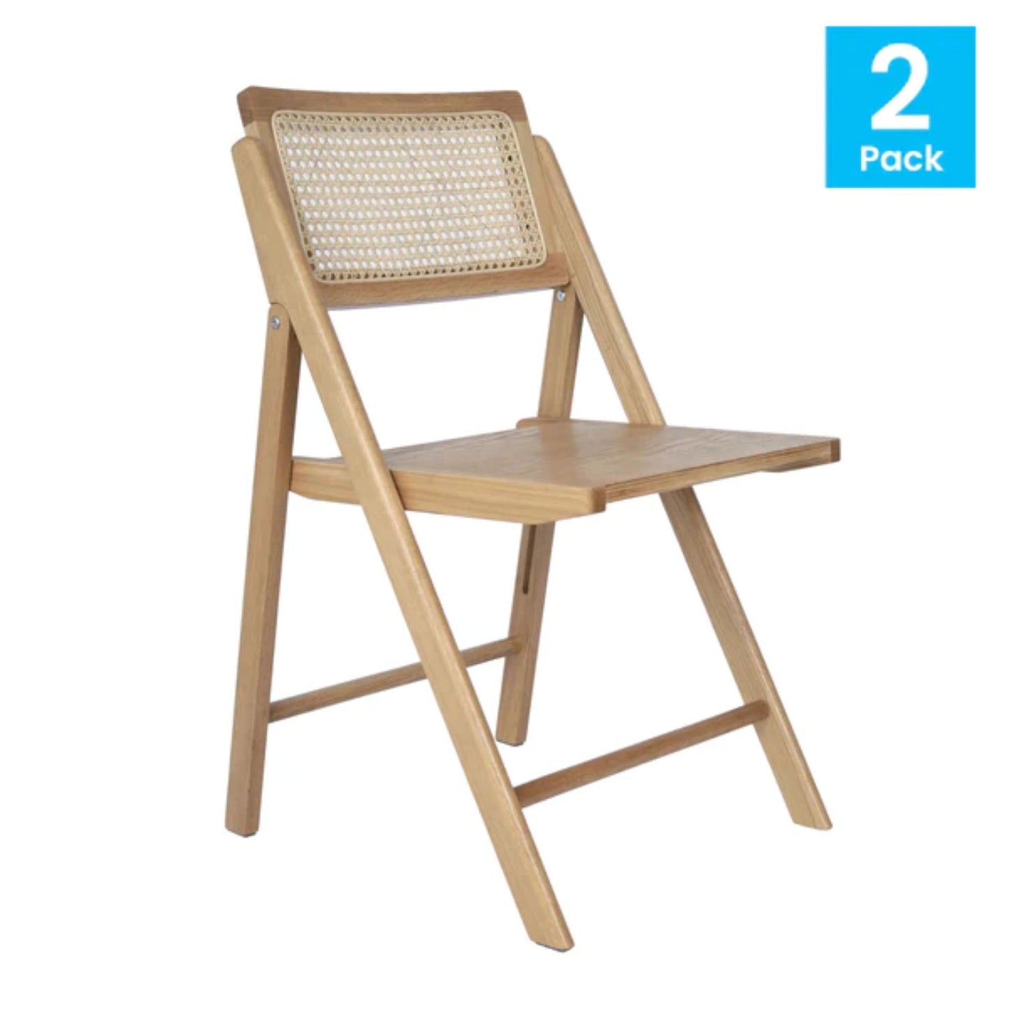 Front view of cane rattan folding chair with natural wood frame, solid wood seat, and woven cane ventilated back.
