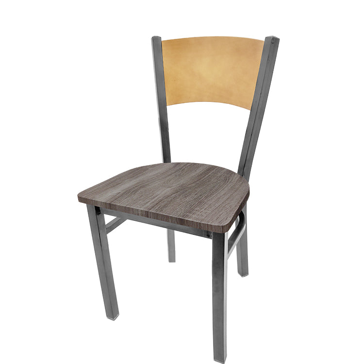 Dining chair with natural finish seat back and barnwood wood seat.