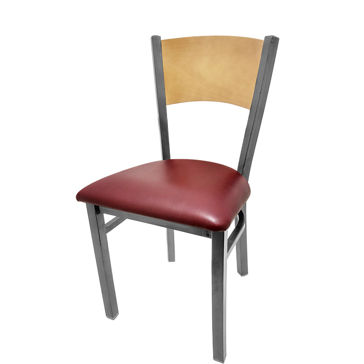 Dining chair with natural finish seat back and wine vinyl seat.