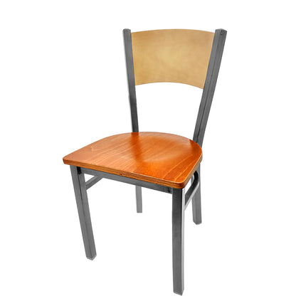 Dining chair with natural finish seat back and cherry wood seat.