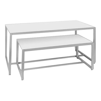 White finish color option displayed as a clean, solid melamine surface used for retail display tables and merchandising fixtures.