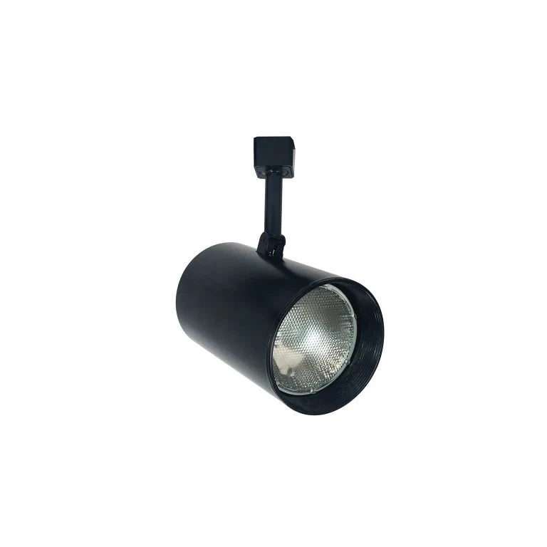 Black flatback cylinder BR30/PAR30 track fixture featuring a black baffle and full aiming adjustment.