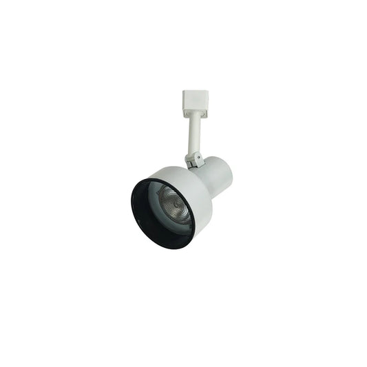 White R20/PAR20 step cylinder track light with black baffle and adjustable structural arm.
