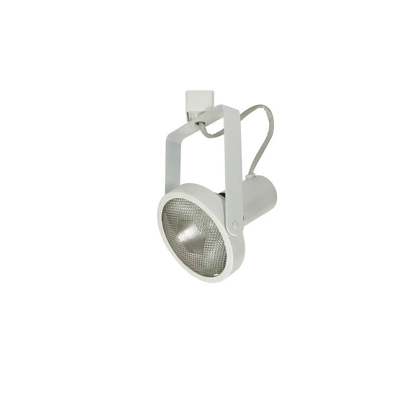 White PAR38 rear-loading gimbal ring track light head with adjustable yoke mounted on a track