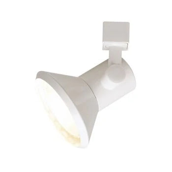 White BR30/PAR30 conical track light with streamlined tapered housing and adjustable aiming.