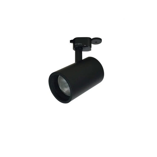 Black PAR20 architectural cylinder track head with cylindrical body and integrated baffle ring for glare reduction