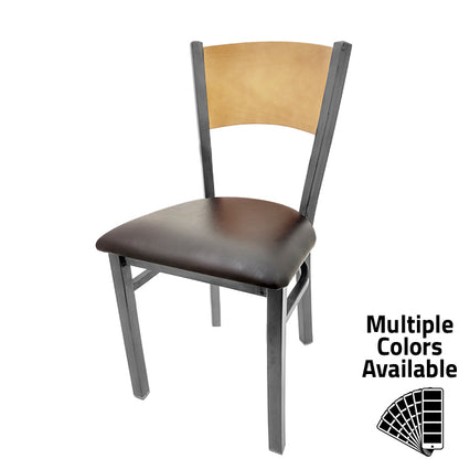 Dining chair with natural finish seat back and black vinyl seat