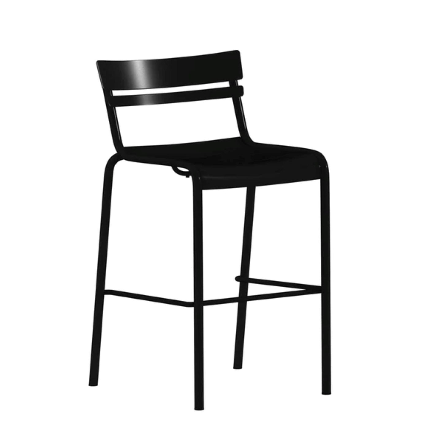 Nash indoor-outdoor bar stool with black powder-coated frame and 2-slat metal seat and back