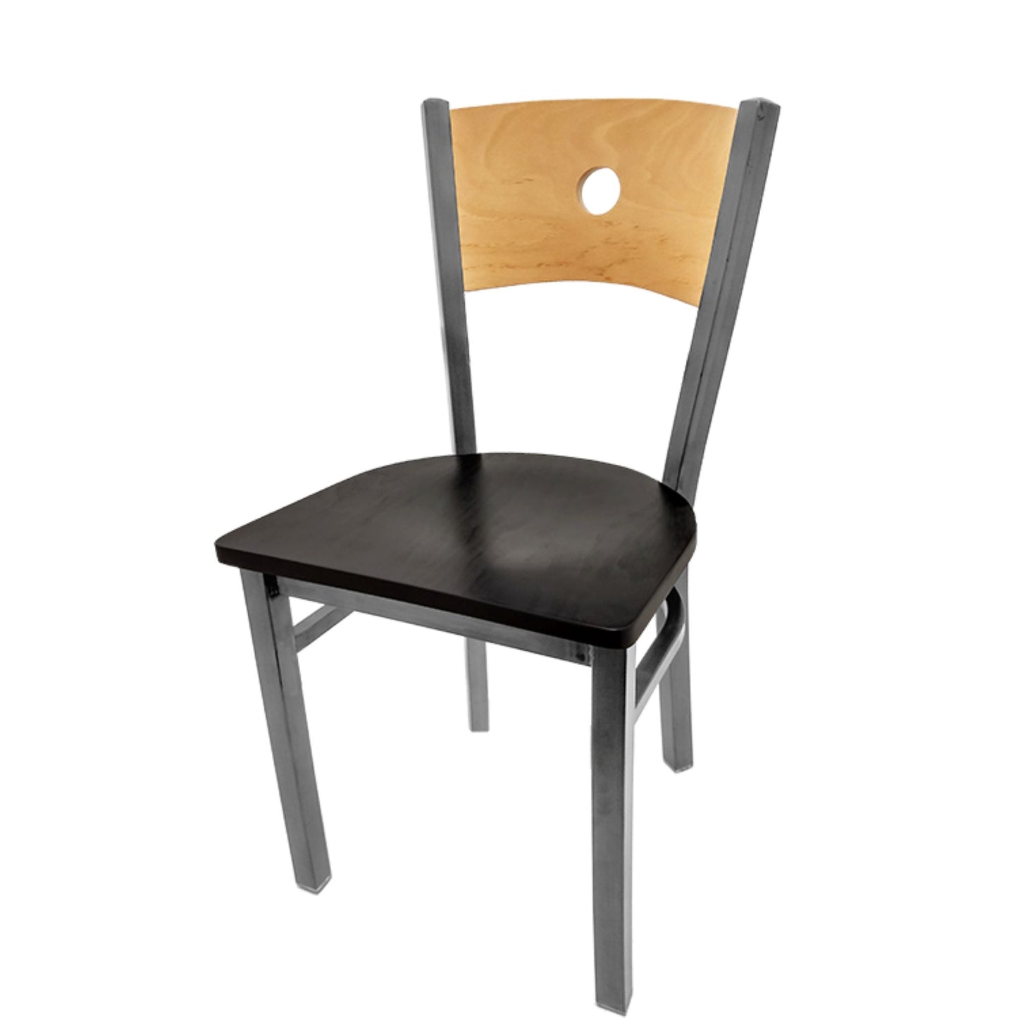 Dining chair with natural wood back and black wood seat.