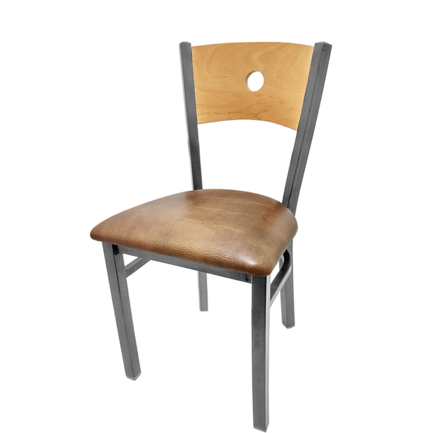 Dining chair with natural wood back and buckskin vinyl seat.