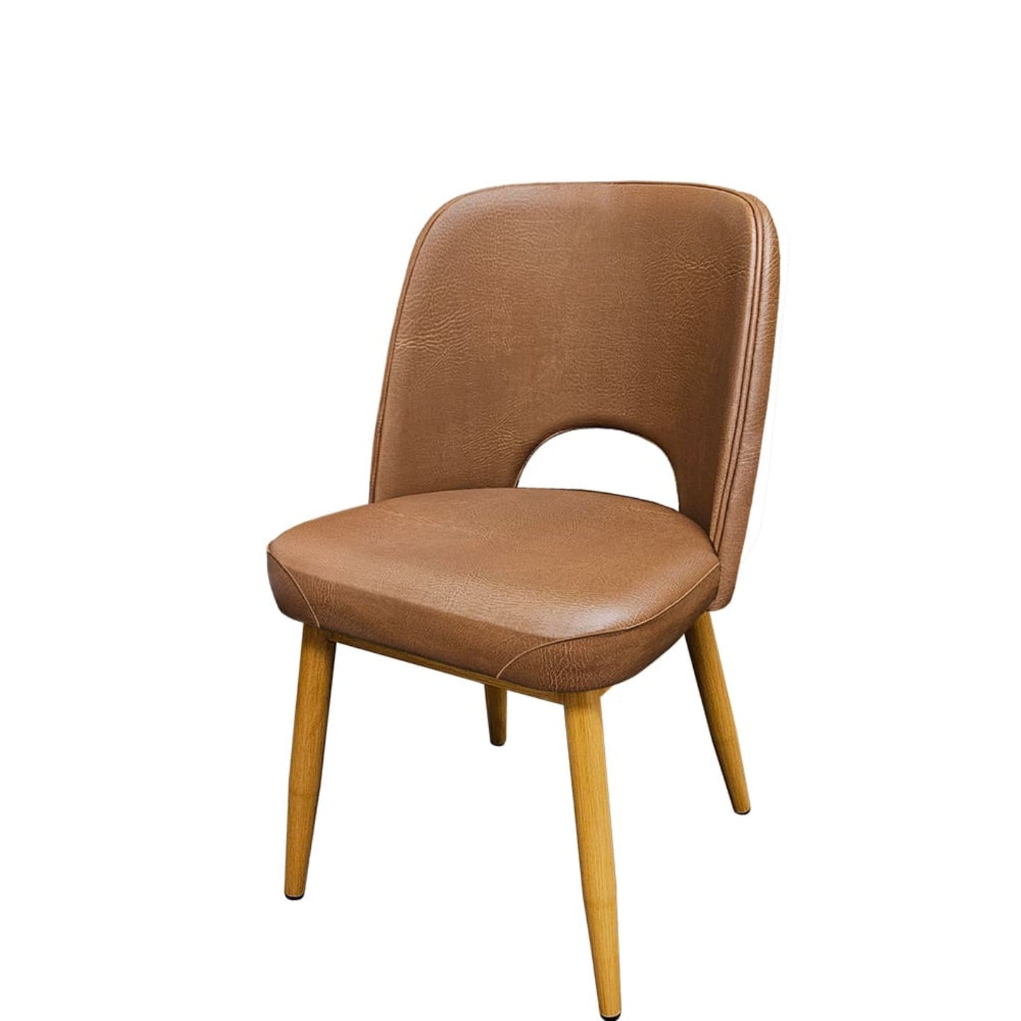 Amata chair with natural faux woodgrain metal frame and buckskin vinyl cutout bucket seat.