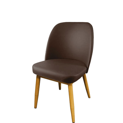 Amata chair with faux natural woodgrain metal frame and espresso vinyl bucket seat.