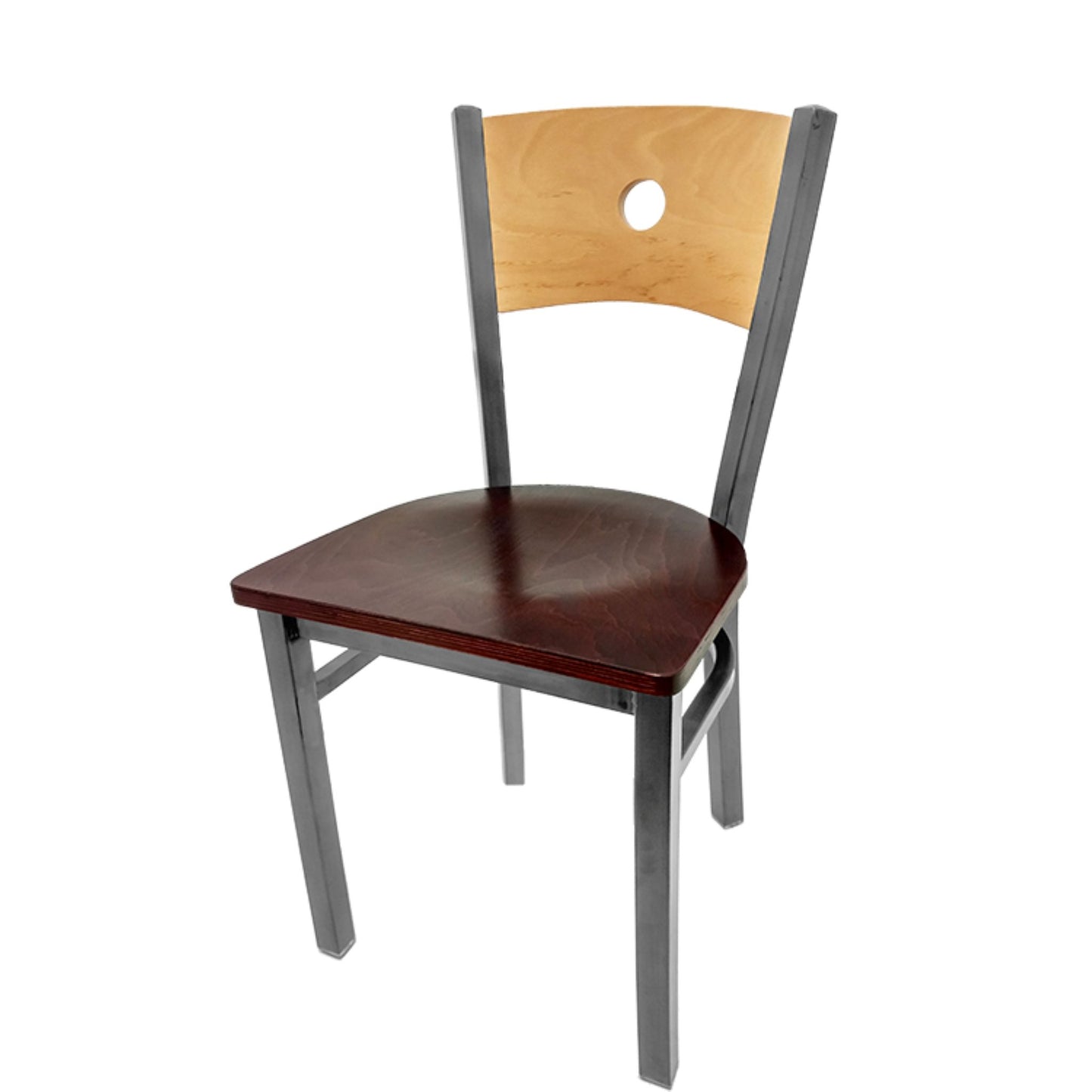 Dining chair with natural wood back and mahogany wood seat.