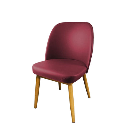 Amata chair with natural faux woodgrain frame and wine vinyl bucket seat.