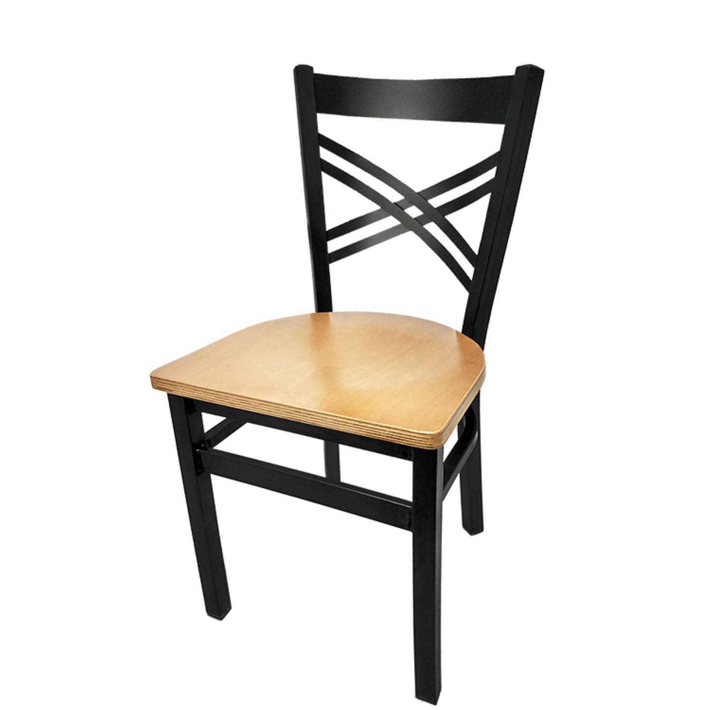 Crossback dining chair with black powder-coated steel frame and natural clear coat solid wood seat.