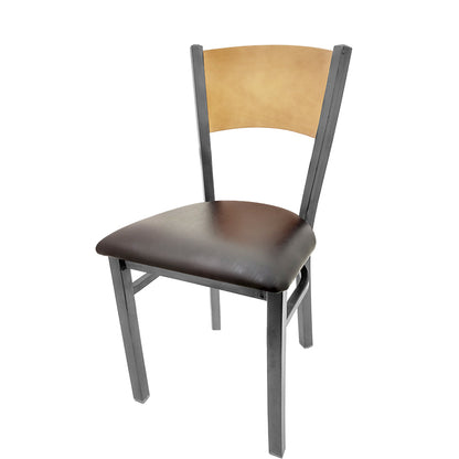 Dining chair with natural finish seat back and espresso vinyl seat.