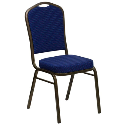 Crown back banquet chair with navy floral patterned upholstery and a gold steel frame