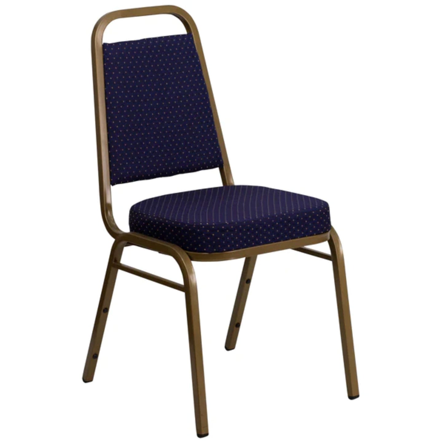 Banquet chair with trapezoidal back, navy patterned fabric upholstery, and gold steel frame