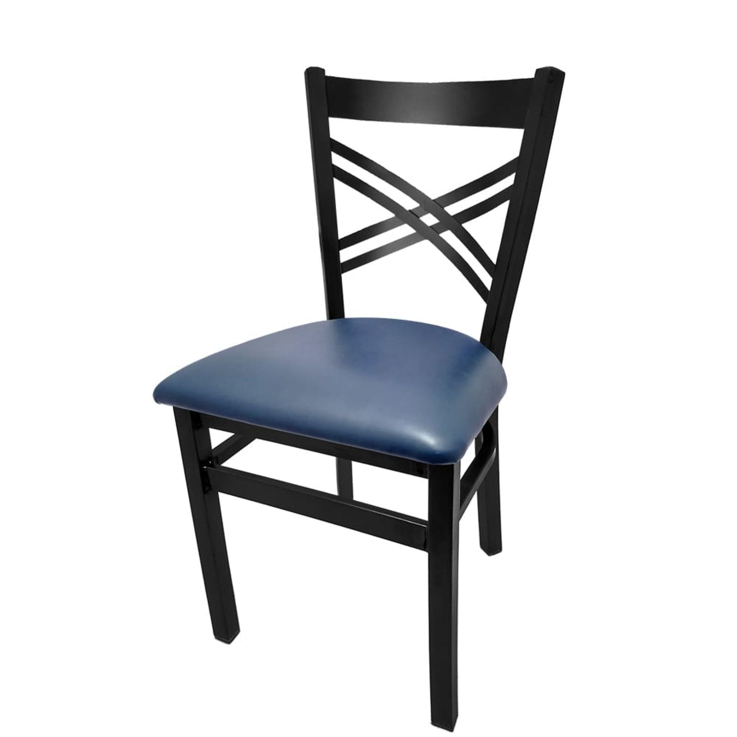 Crossback steel dining chair with black powder-coat frame and navy vinyl seat.