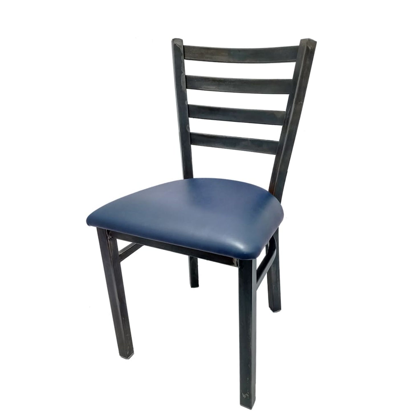 Rustic ladderback metal dining chair with clear coat steel frame and navy vinyl seat.