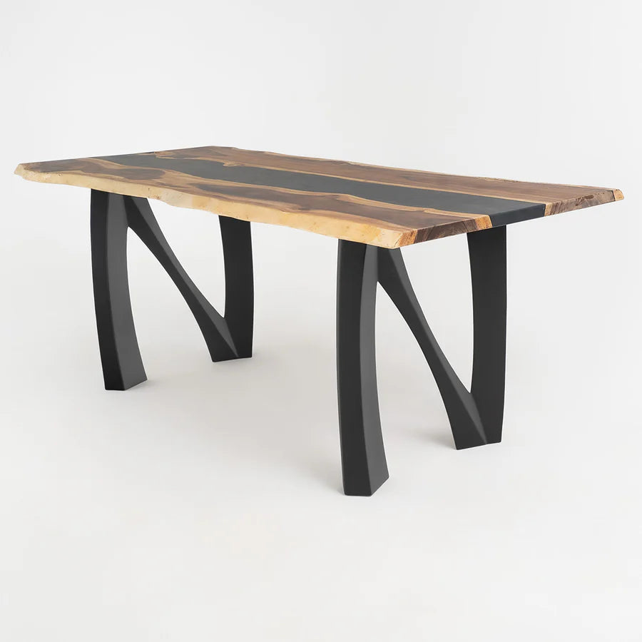 Front view of Noah Metal Table Legs featuring a sculptural alphabet-inspired steel design, matte black powder-coated finish, reinforced frame structure, and integrated adjustable levelers