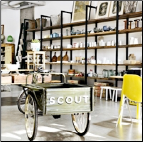 Cart with 'SCOUT' branding in a store setting with shelves and products.