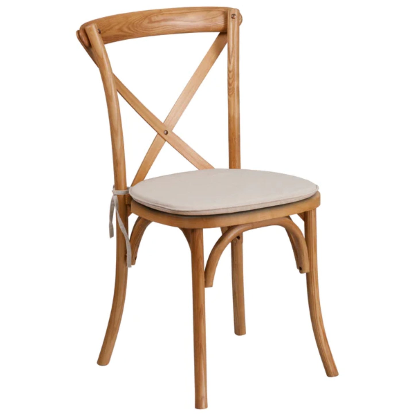Wood cross back dining chair in oak finish with cushioned seat, stackable design for events and restaurants.