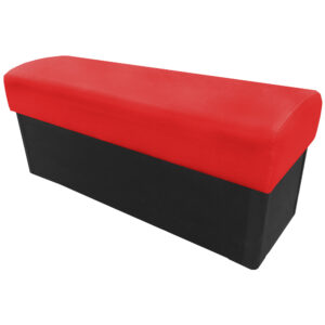 Red upholstered restaurant bench with black vinyl base and protective corners, shown in standard commercial seating style.