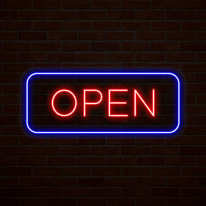 glowing multicolor rectangular open LED neon sign for storefront or restaurant décor