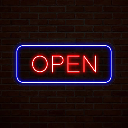 glowing multicolor rectangular open LED neon sign for storefront or restaurant décor
