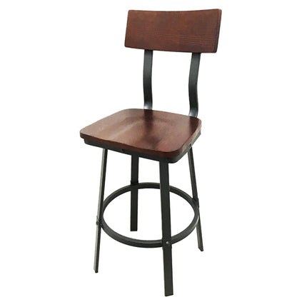 Outlander metal frame barstool with walnut wood back, wood seat, and non-marring glides
