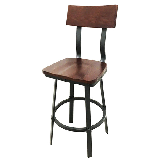 Outlander metal frame barstool with walnut wood back, wood seat, and non-marring glides
