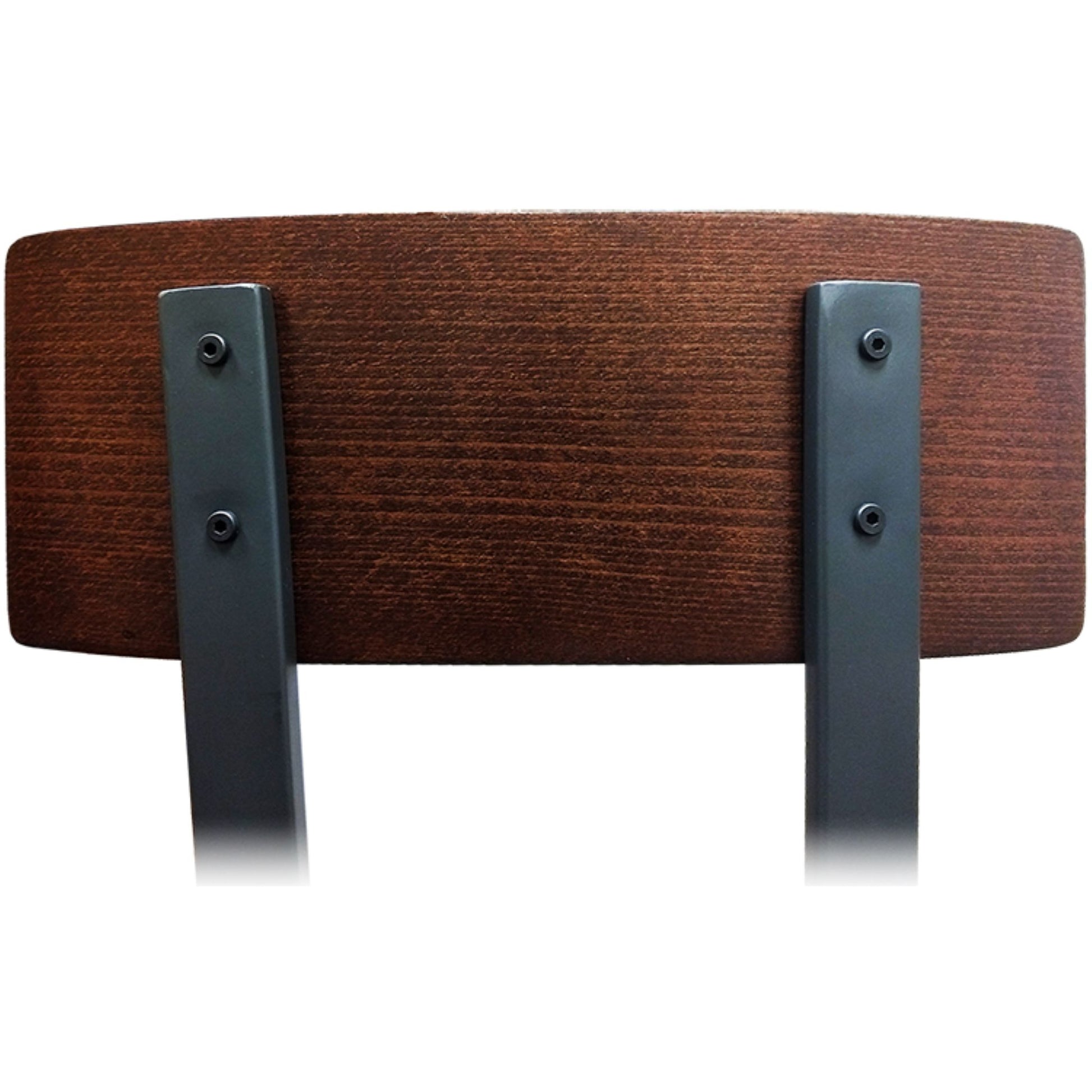 back view of Outlander barstool with walnut-stained beech wood seat and back and dark gray metal frame